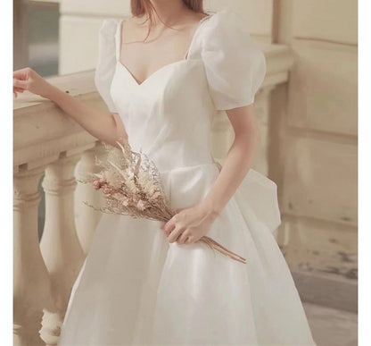 Neck Gown Ruched A-Line Plain Sleeve Wedding Puff Pearl Faux Sweetheart
