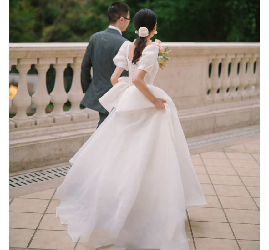 Neck Gown Ruched A-Line Plain Sleeve Wedding Puff Pearl Faux Sweetheart