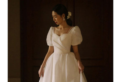 Neck Gown Ruched A-Line Plain Sleeve Wedding Puff Pearl Faux Sweetheart