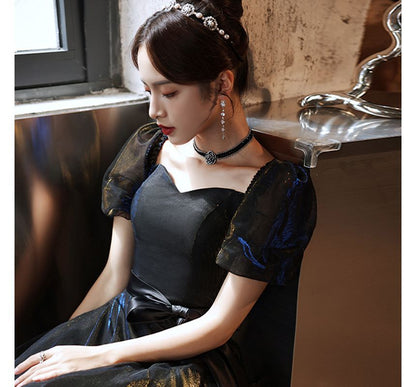 Puff Sleeve Mesh A-Line Evening Gown / Cocktail Dress