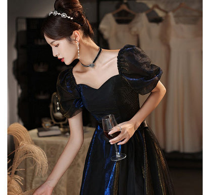 Puff Sleeve Mesh A-Line Evening Gown / Cocktail Dress