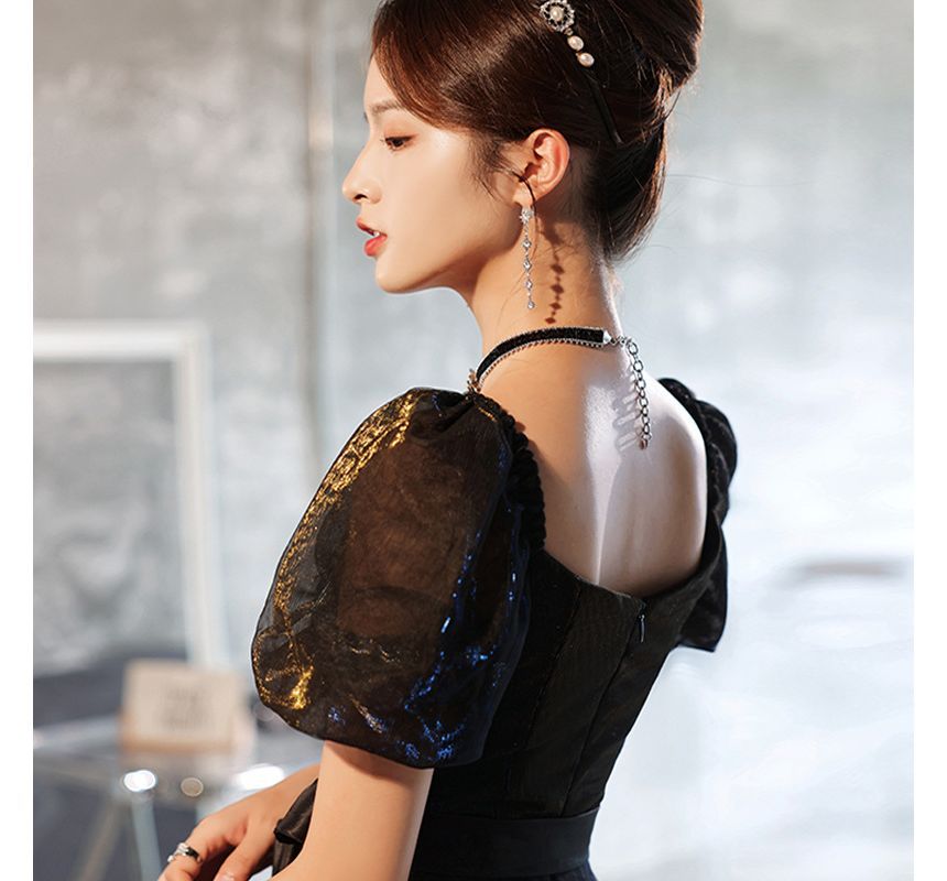 Puff Sleeve Mesh A-Line Evening Gown / Cocktail Dress