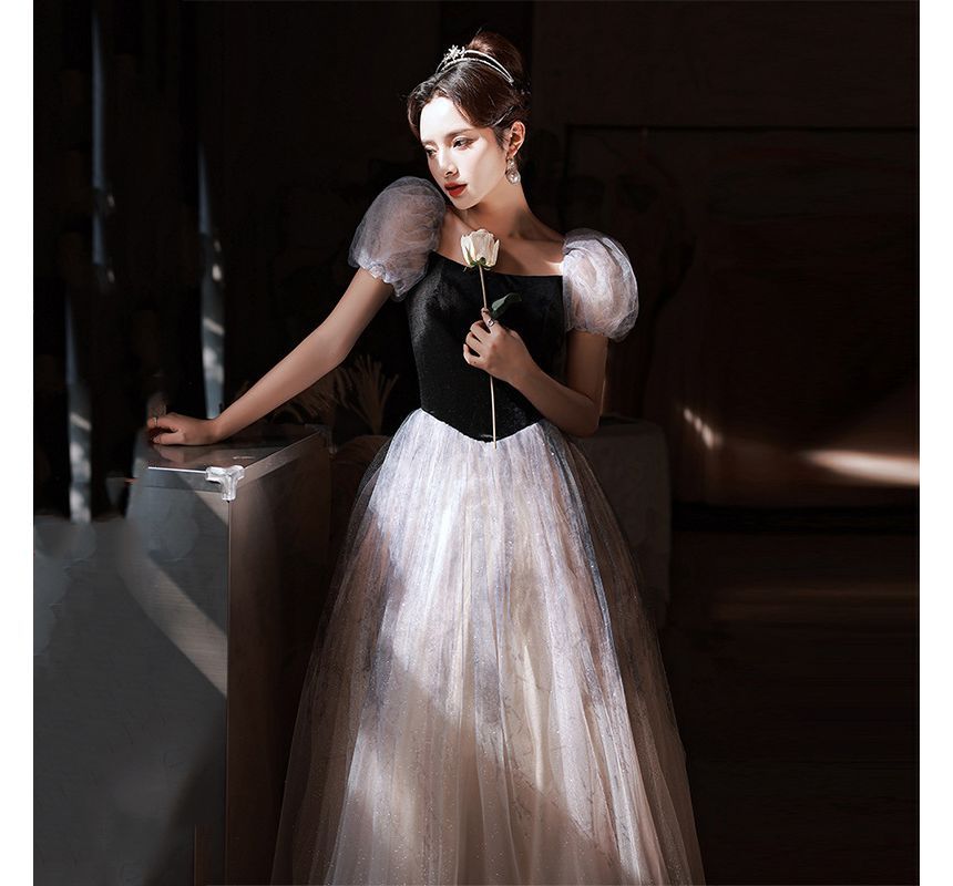 Puff Sleeve Mesh A-Line Evening Gown / Cocktail Dress