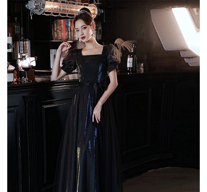 Puff Sleeve Mesh A-Line Evening Gown / Cocktail Dress