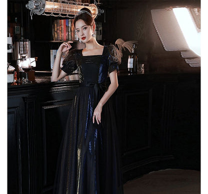 Puff Sleeve Mesh A-Line Evening Gown / Cocktail Dress