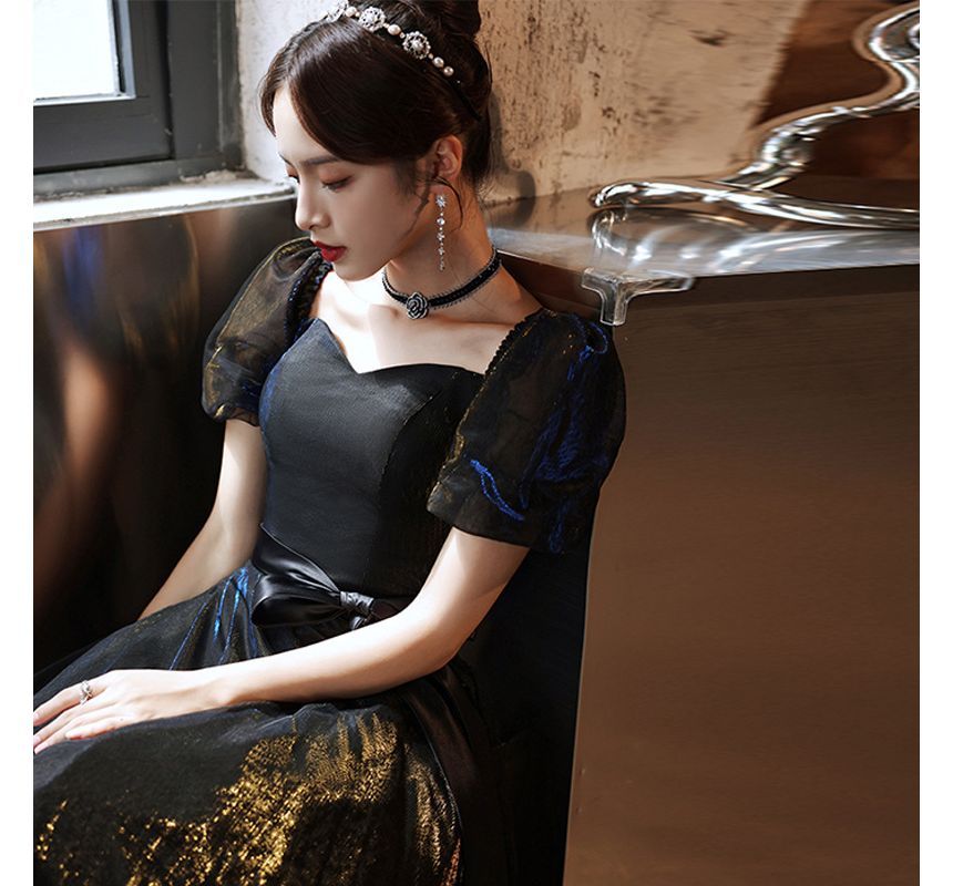 Puff Sleeve Mesh A-Line Evening Gown / Cocktail Dress