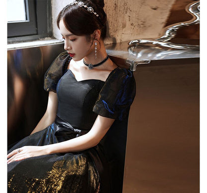 Puff Sleeve Mesh A-Line Evening Gown / Cocktail Dress