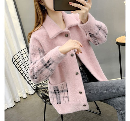 Collared Plaid Fluffy Button Jacket