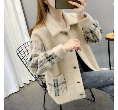 Collared Plaid Fluffy Button Jacket