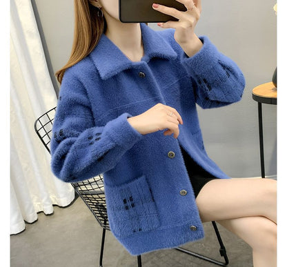 Collared Plaid Fluffy Button Jacket