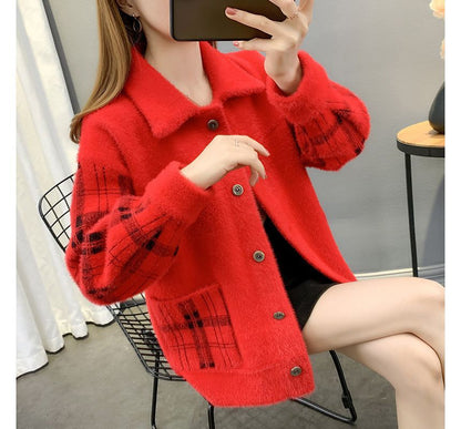 Collared Plaid Fluffy Button Jacket