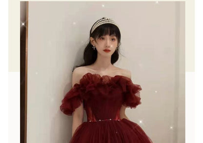 Off-Shoulder Plain Mesh A-Line Evening Gown