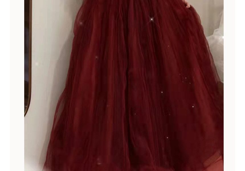 Off-Shoulder Plain Mesh A-Line Evening Gown