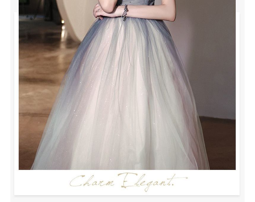 A-Line / Gradient Midi Evening Gown Mesh Dress Puff-Sleeve