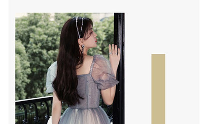 A-Line / Gradient Midi Evening Gown Mesh Dress Puff-Sleeve