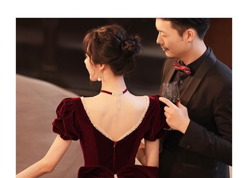 Puff-Sleeve Bow Mermaid Evening Gown / Midi Dress