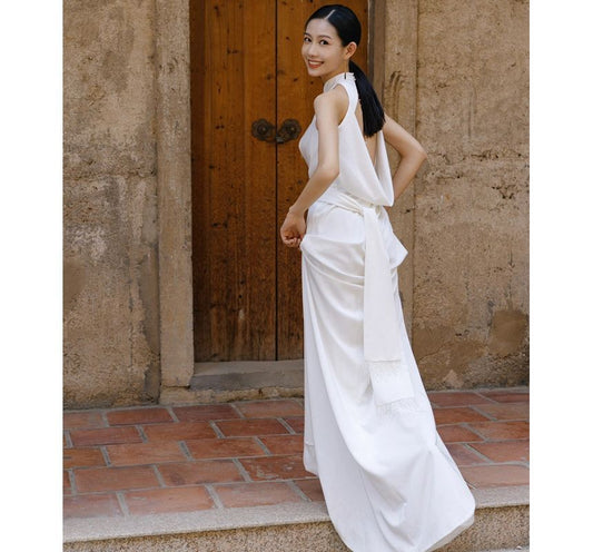 Sleeveless Mandarin Collar Plain Criss Cross Backless Sheath Wedding Gown