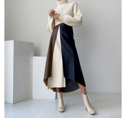 Midirock in A-Linie aus Kunstleder mit Farbblockdesign und hoher Taille