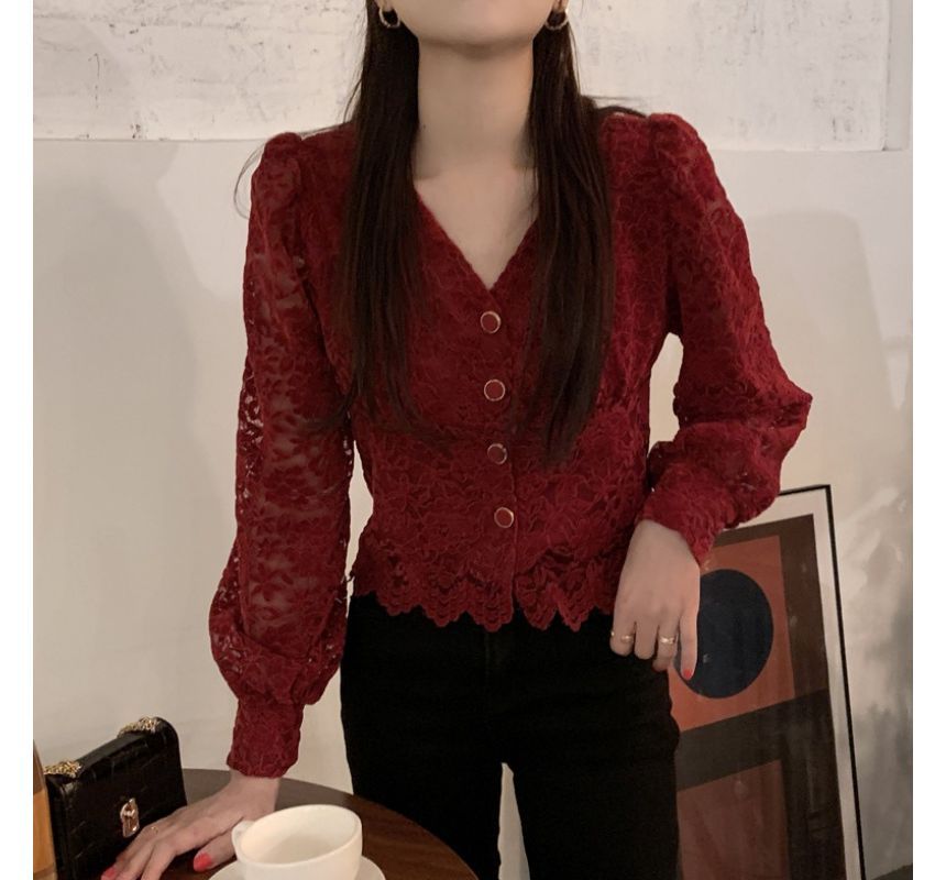 Long-Sleeve V-Neck Lace Cropped Blouse