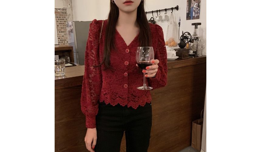 Long-Sleeve V-Neck Lace Cropped Blouse