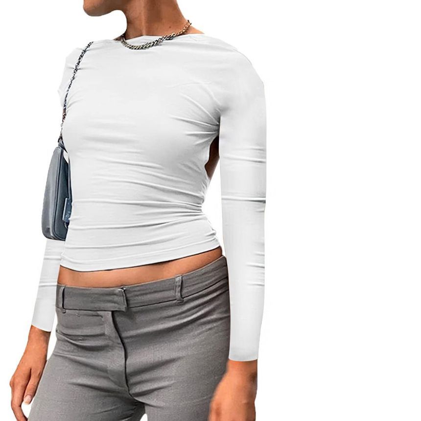 Long-Sleeve Boat Neck Plain Backless Two Way Crop T-Shirt