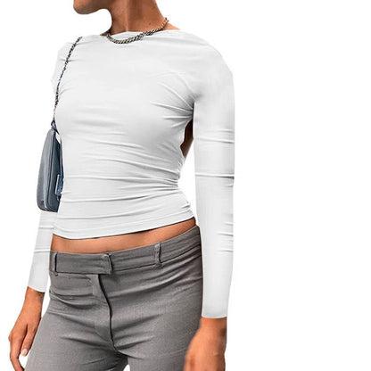 Long-Sleeve Boat Neck Plain Backless Two Way Crop T-Shirt