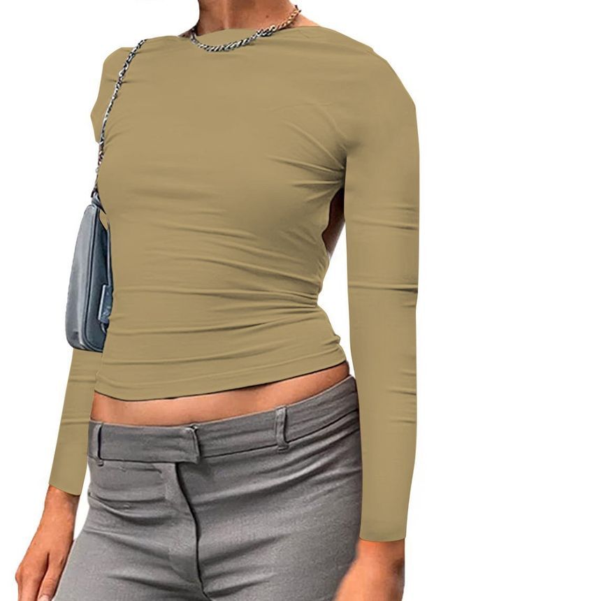 Long-Sleeve Boat Neck Plain Backless Two Way Crop T-Shirt