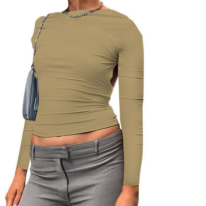 Long-Sleeve Boat Neck Plain Backless Two Way Crop T-Shirt