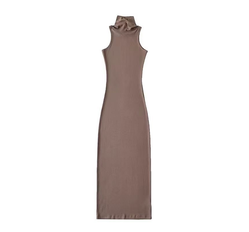 Dress Sleeveless Slim-Fit Plain Turtleneck