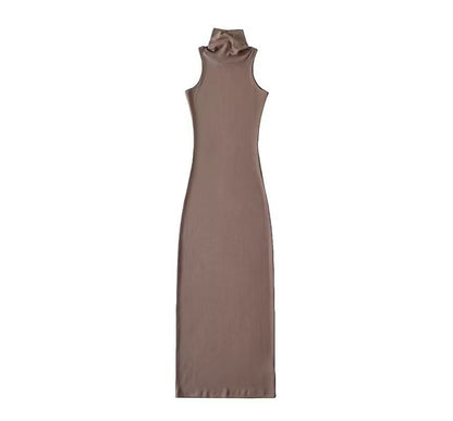 Dress Sleeveless Slim-Fit Plain Turtleneck
