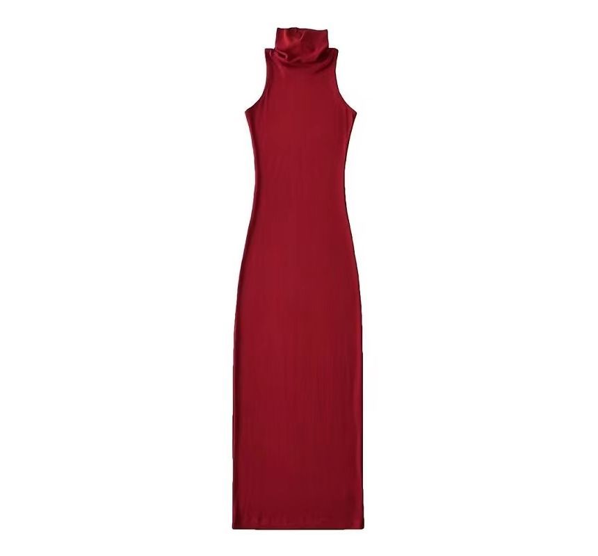 Dress Sleeveless Slim-Fit Plain Turtleneck