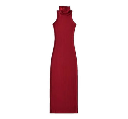Dress Sleeveless Slim-Fit Plain Turtleneck