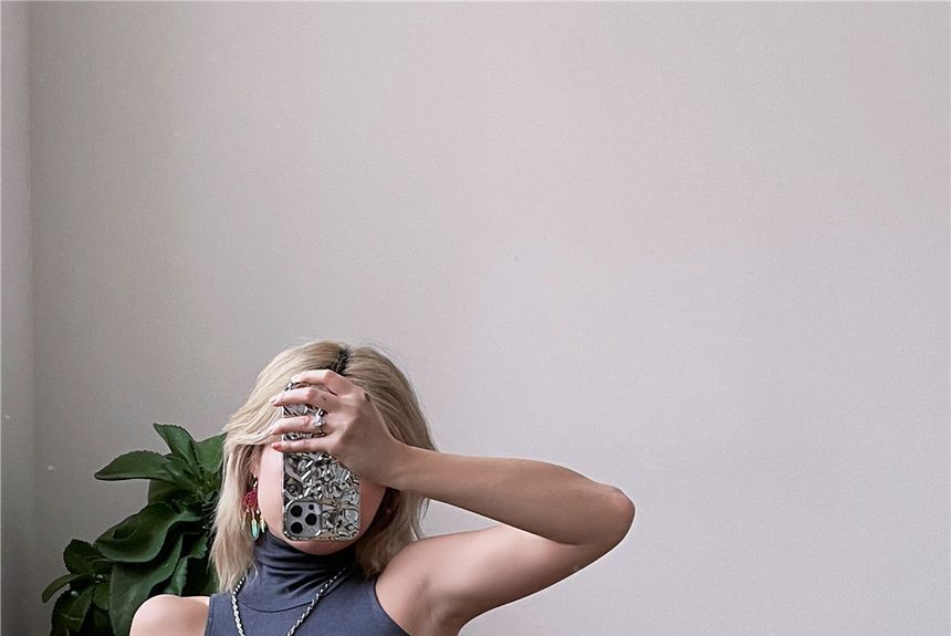 Dress Sleeveless Slim-Fit Plain Turtleneck