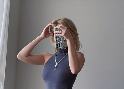 Dress Sleeveless Slim-Fit Plain Turtleneck