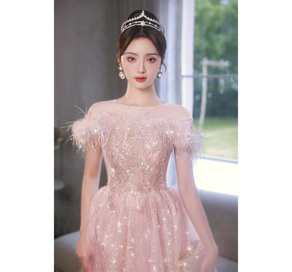 Short-Sleeve Crew Neck Fluffy Trim Sequined Panel Sheer Overlay A-Line Evening Dress (Various Designs)