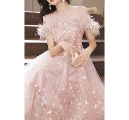 Short-Sleeve Crew Neck Fluffy Trim Sequined Panel Sheer Overlay A-Line Evening Dress (Various Designs)