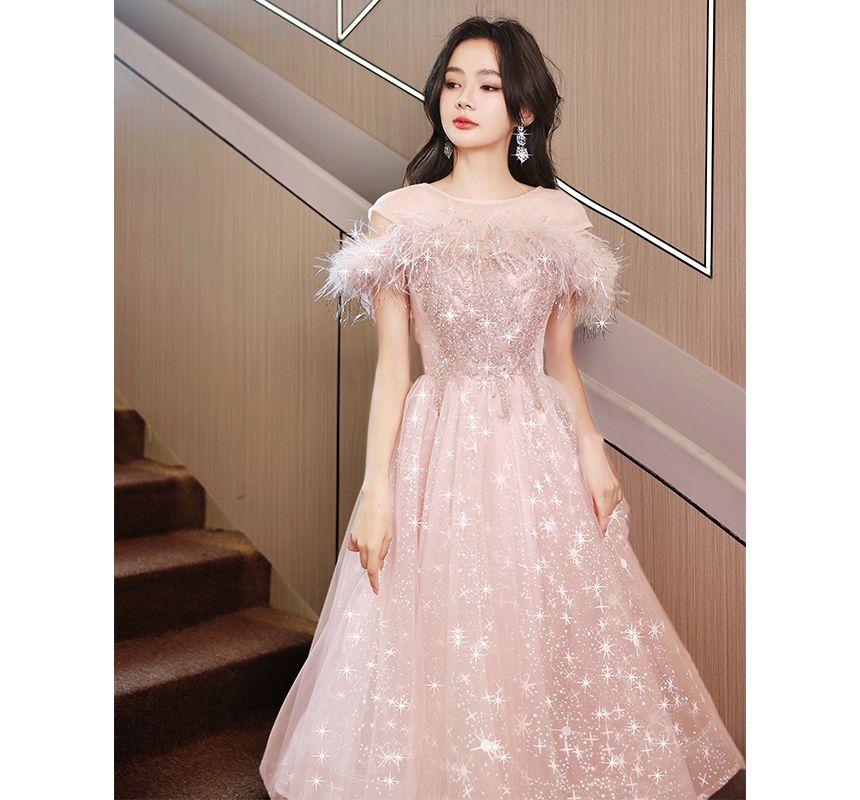 Short-Sleeve Crew Neck Fluffy Trim Sequined Panel Sheer Overlay A-Line Evening Dress (Various Designs)