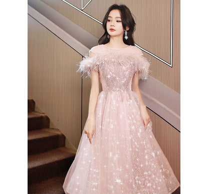 Short-Sleeve Crew Neck Fluffy Trim Sequined Panel Sheer Overlay A-Line Evening Dress (Various Designs)