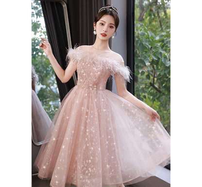 Short-Sleeve Crew Neck Fluffy Trim Sequined Panel Sheer Overlay A-Line Evening Dress (Various Designs)