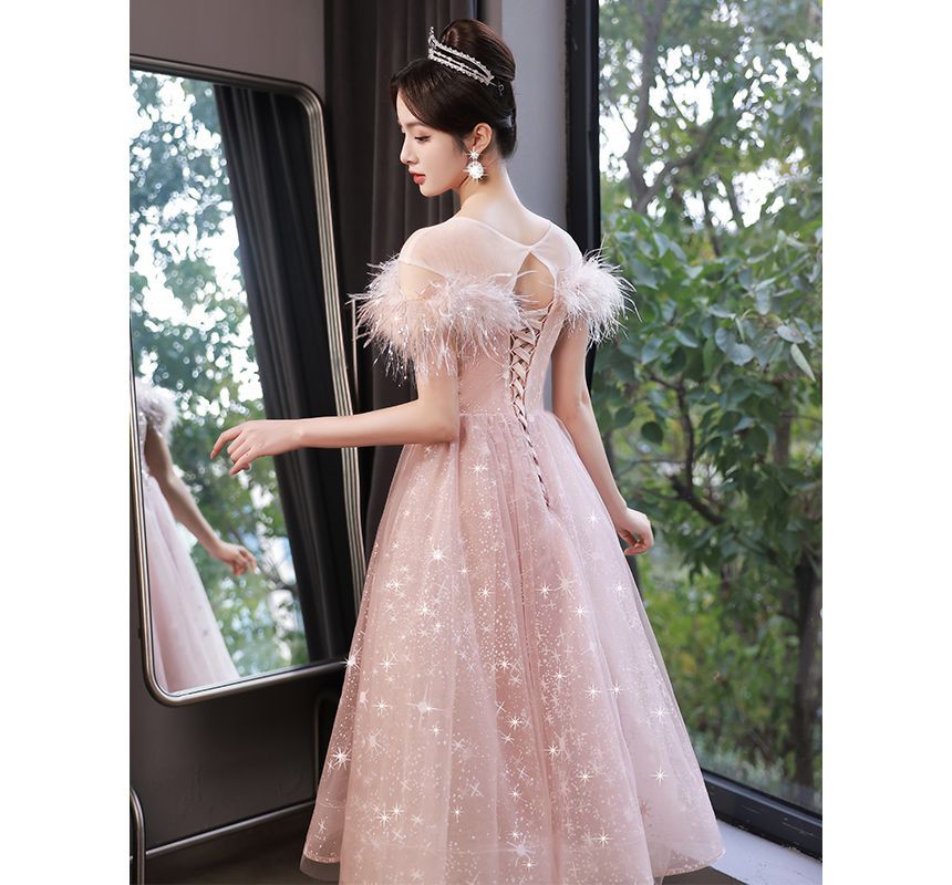 Short-Sleeve Crew Neck Fluffy Trim Sequined Panel Sheer Overlay A-Line Evening Dress (Various Designs)