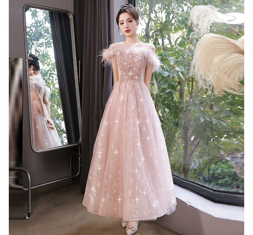 Short-Sleeve Crew Neck Fluffy Trim Sequined Panel Sheer Overlay A-Line Evening Dress (Various Designs)