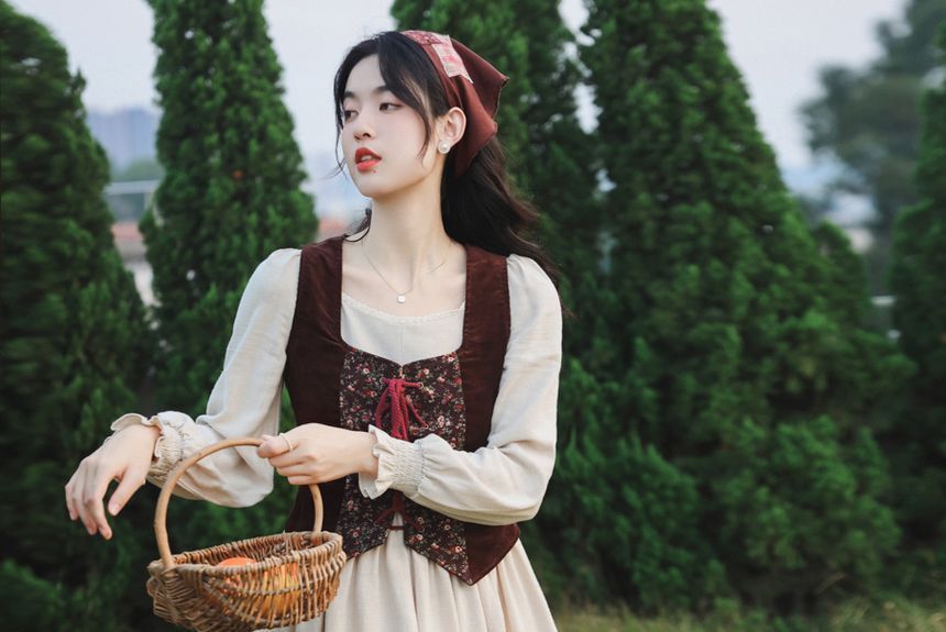 Sleeveless Square Neck Floral Top / Long-Sleeve Plain Midi A-Line Dress / Set