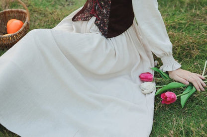 Sleeveless Square Neck Floral Top / Long-Sleeve Plain Midi A-Line Dress / Set