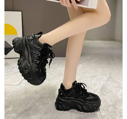 Lettering Print Plain Fleece-Lined Faux Leather Platform Sneakers