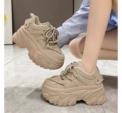 Lettering Print Plain Fleece-Lined Faux Leather Platform Sneakers