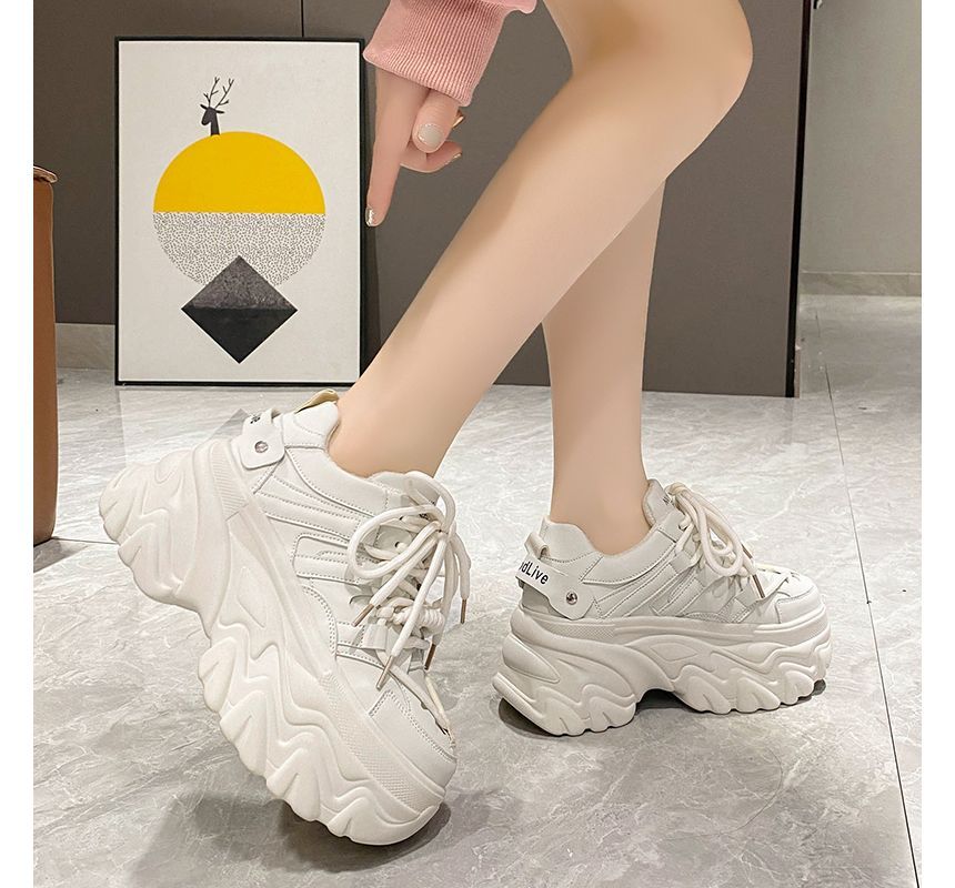 Lettering Print Plain Fleece-Lined Faux Leather Platform Sneakers