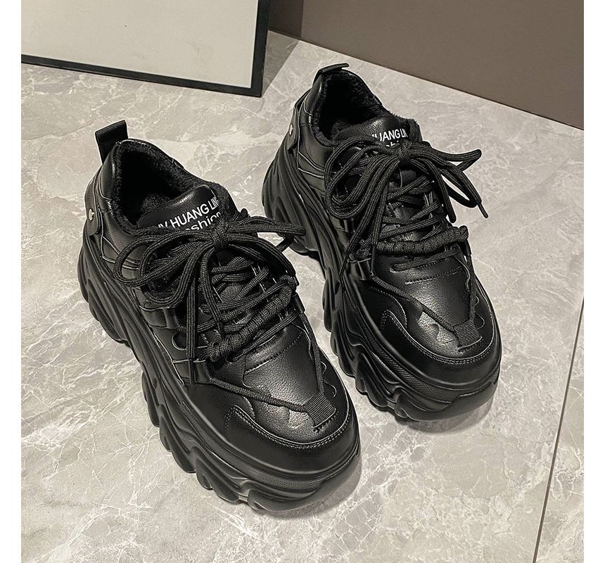 Lettering Print Plain Fleece-Lined Faux Leather Platform Sneakers