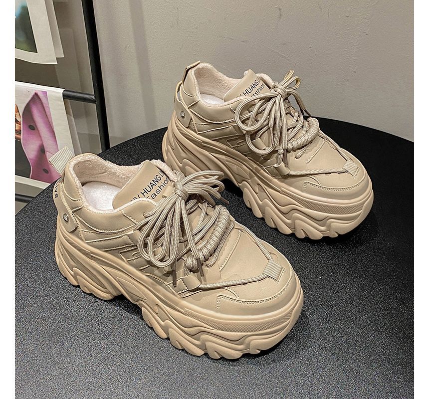 Lettering Print Plain Fleece-Lined Faux Leather Platform Sneakers