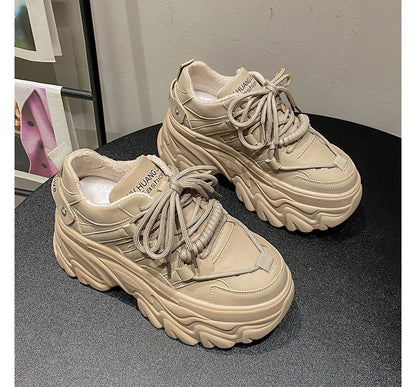 Lettering Print Plain Fleece-Lined Faux Leather Platform Sneakers