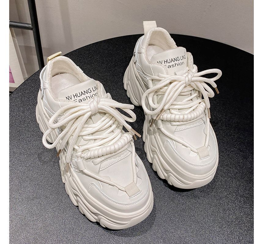 Lettering Print Plain Fleece-Lined Faux Leather Platform Sneakers
